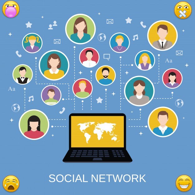 social media network concept with male and female avatars connected via laptop