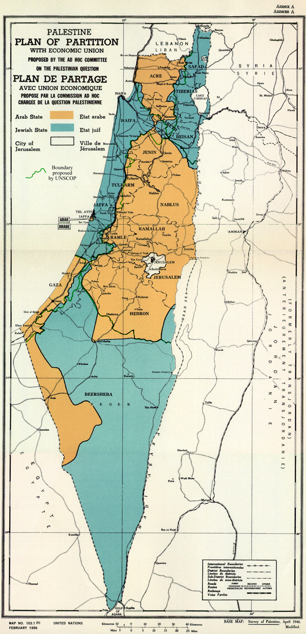 Timeline of February 1956 Map of UN Partition Plan for Palestine, adopted 29-November-1947, with boundary of previous UNSCOP partition plan added in green. | Author: Zero0000A/RES/181(II) | commons.wikimedia.org