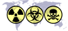 World map with (radioactive, biohazard, and toxic) WMD (Weapons of Mass Destruction) hazard symbols superimposed on it (Photo Credit: Fastfission - wikipedia.org)