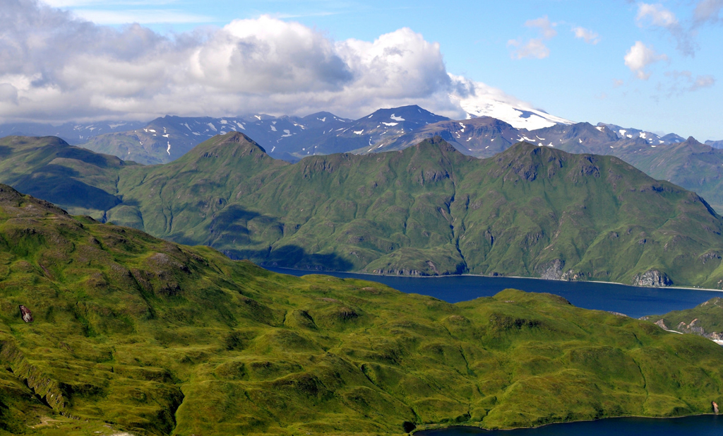 moss-covered slopes of Unalaska Island, over Captains Bay (Photo Credit: Mr. Tom Ward NOAA Teacher at Sea Program, National Oceanic and Atmospheric Administration)