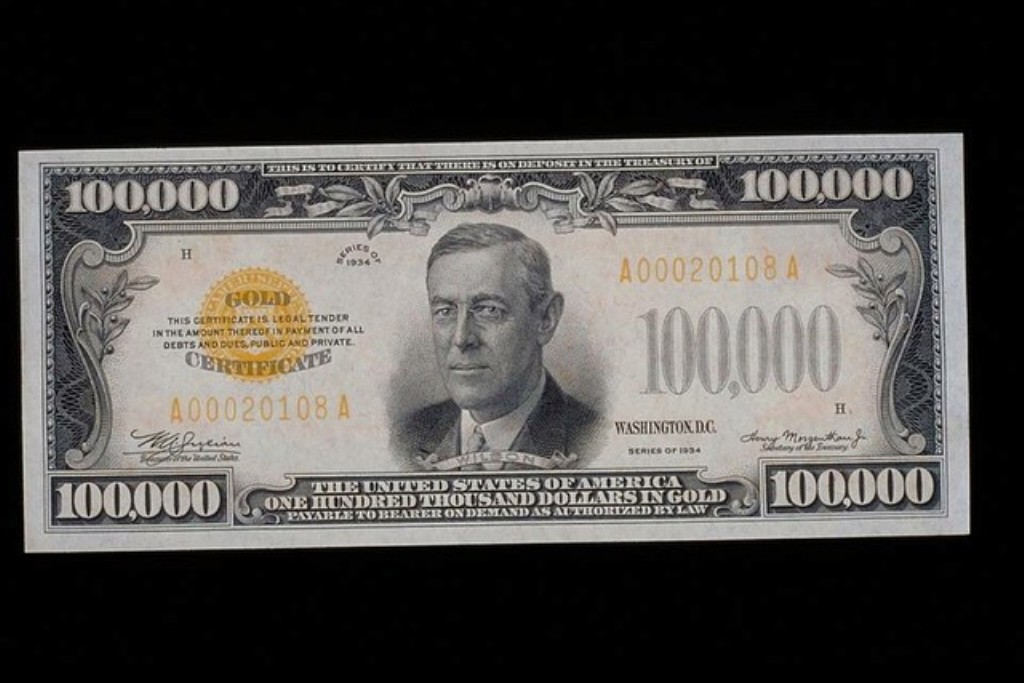 100,000 note includes a portrait of President Wilson. American History Museum.