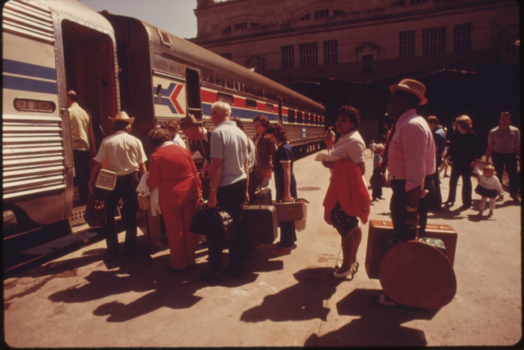 07 of 26 (USA on the Move) - Amtrak train at Union Station in Kansas City June 1974. Photographer: O'Rear, Charles. The U.S. National Archives.