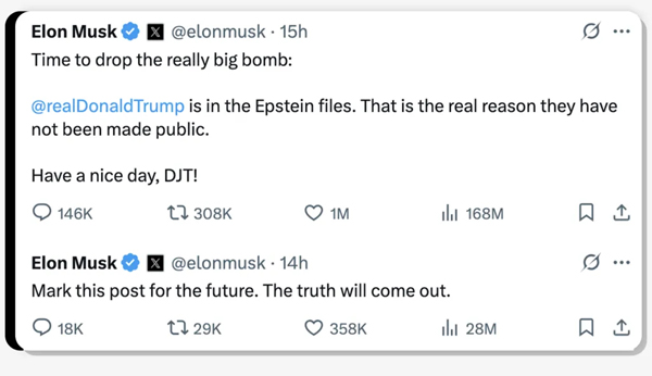Thursday 5 June, 15:10 - Musk alleges that Donald Trump appears in the FBI files of convicted sex offender Jeffrey Epstein | bbc.com
