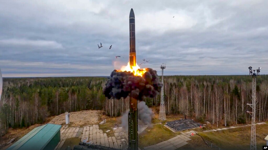 [Source: voanews.com | In an image from video released by Russian Defense Ministry Press Service on Oct. 26, 2022, a Yars intercontinental ballistic missile is test-fired as part of Russia's nuclear drills from a launch site in Plesetsk, northwestern Russia.]