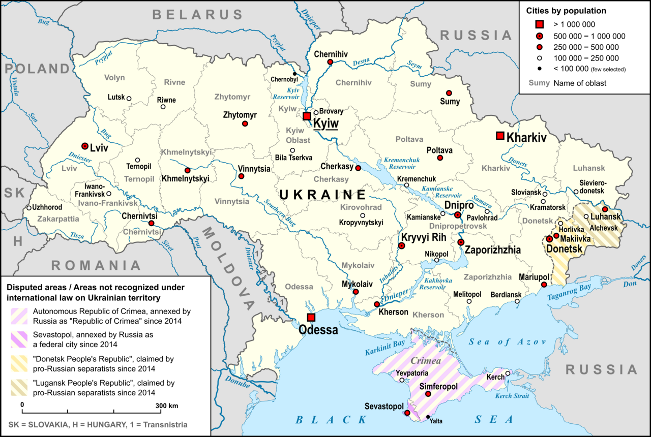 Ukraine as of 2021 — major cities and adjacent countries before 2022 Russian-Ukraine War | wikipedia.org