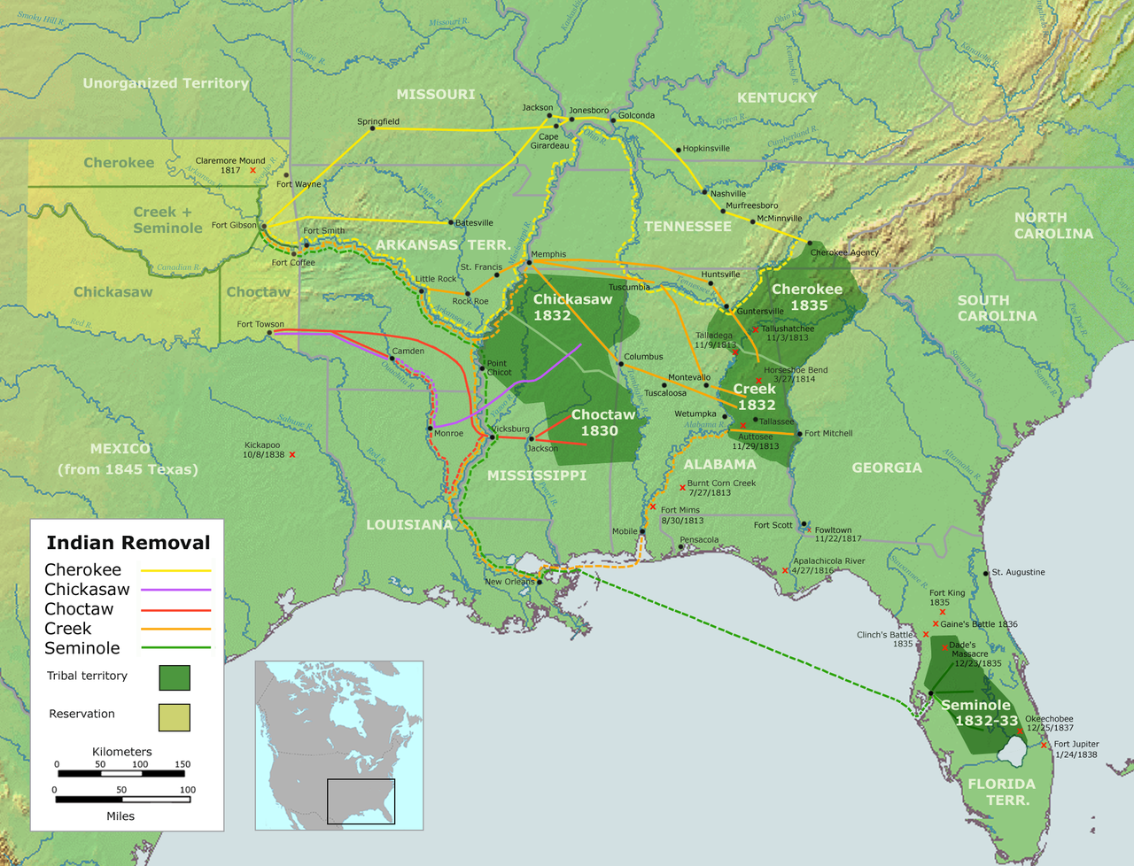 [Source: commons.wikimedia.org. Map of the route of the Trails of Tears — depicting the route taken to relocate Native Americans from the Southeastern United States between 1836 and 1839 to the Indian Territory (present-day Oklahoma). work by Nikater.]