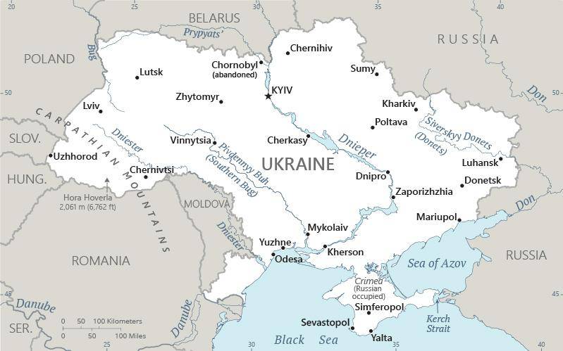 Ukraine map showing major cities as well as parts of surrounding countries and the Black Sea. | [Source: The World Factbook | https://www.cia.gov/the-world-factbook/countries/ukraine/map]